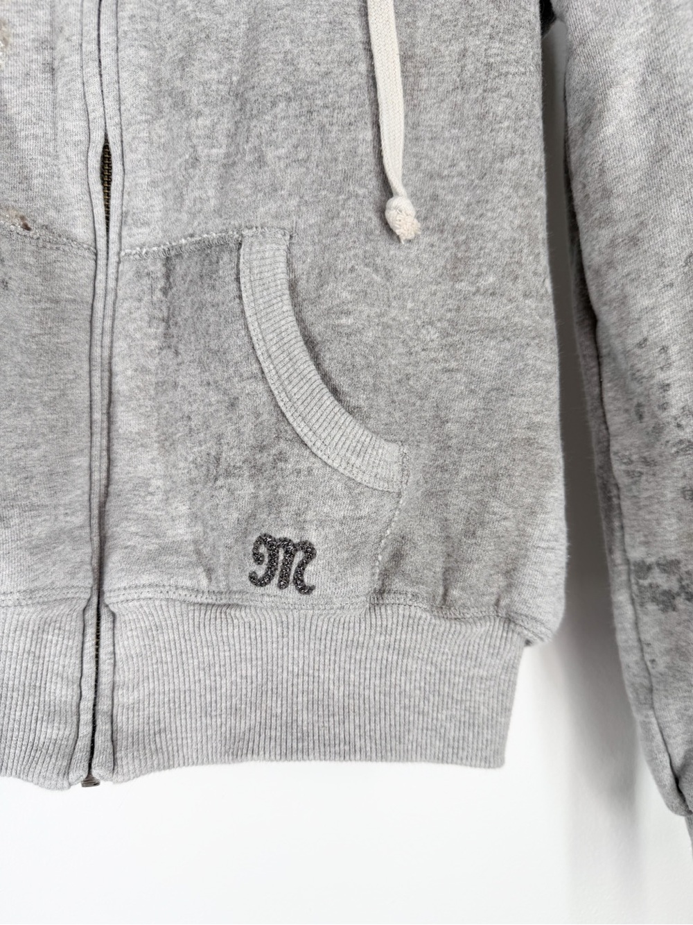 Vintage Miss Me Y2K Gray Faux Fur Lined Bling Hooded Zip Up Sweater Size Medium - Picture 6 of 13